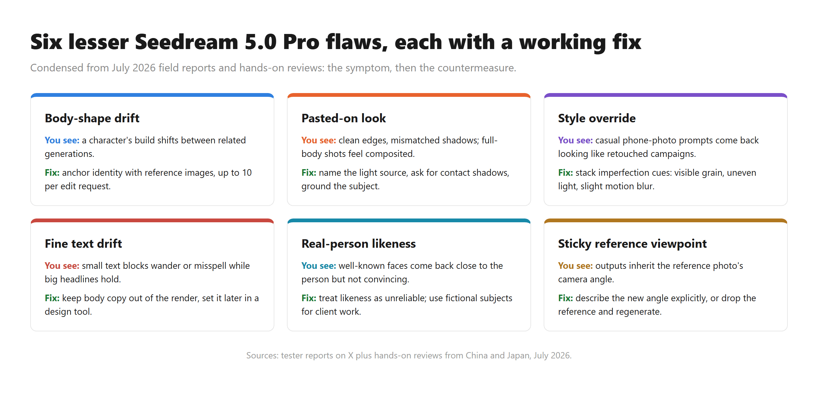 Six-card summary of lesser Seedream 5.0 Pro flaws from July 2026 field reports: body-shape drift, pasted-on look, style override, fine text drift, real-person likeness, sticky reference viewpoint, each card listing the visible symptom and the countermeasure that works.