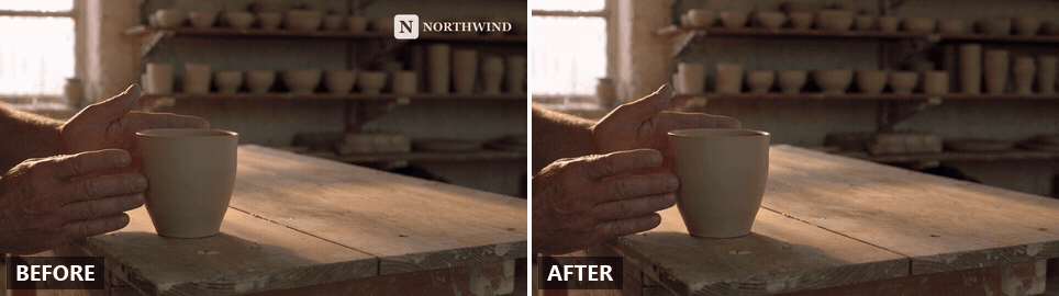 Before and after video of an old brand logo removed from the corner of a pottery studio clip with AI, rest of the frame unchanged