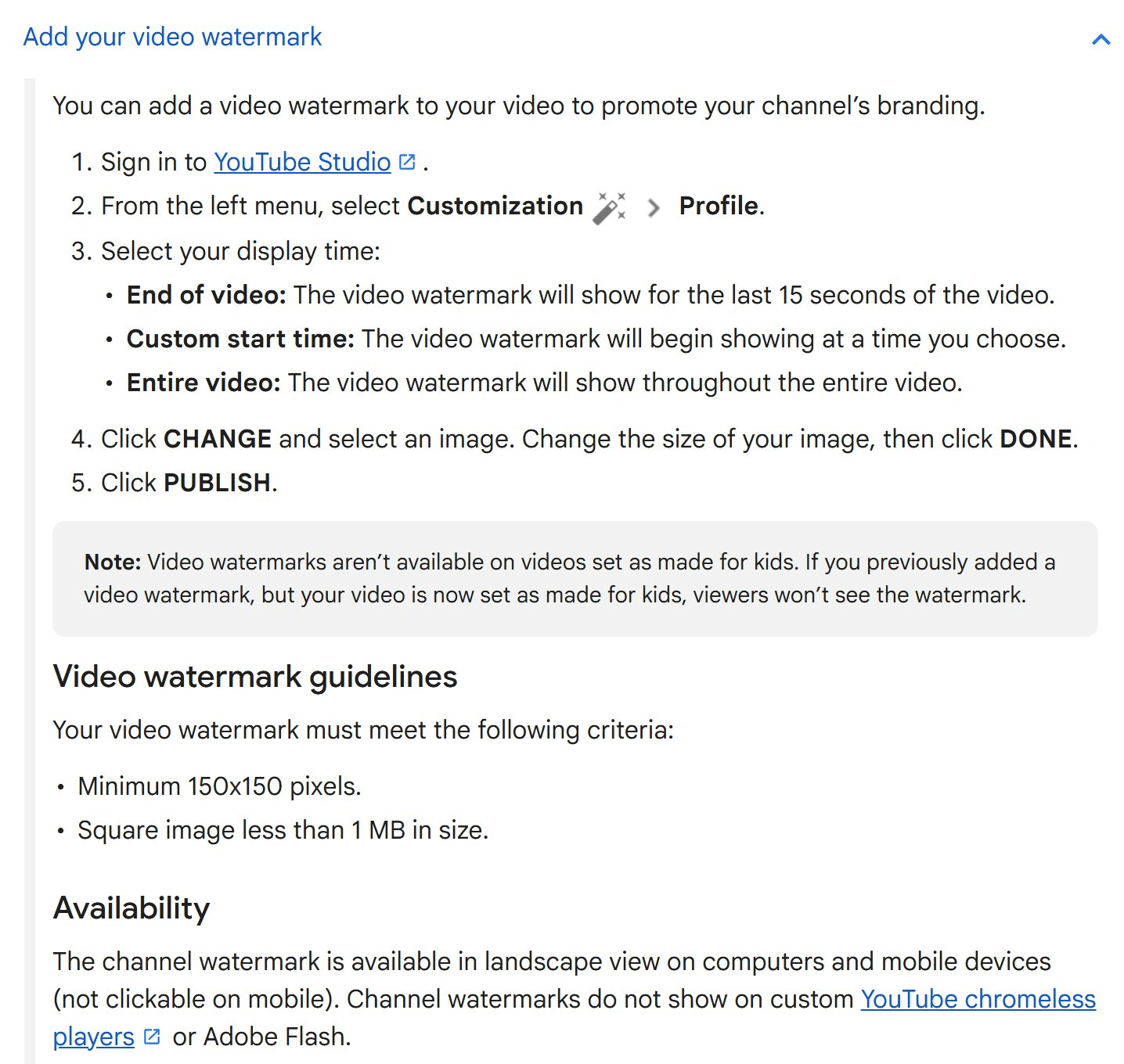 YouTube Help steps for the video watermark setting in YouTube Studio, where a channel logo overlay is changed without editing the video file