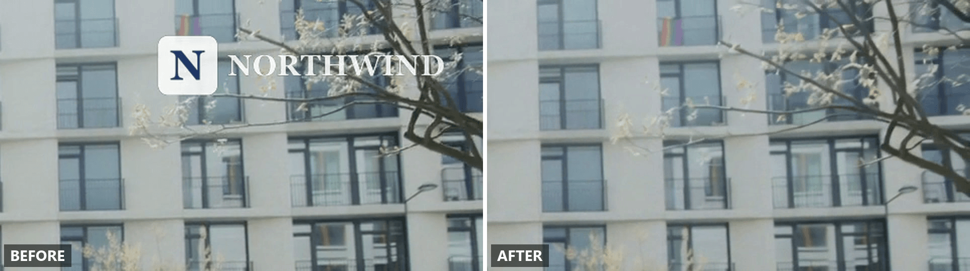 Close-up before and after of a burned-in brand logo removed from a video with Atlas Cloud Video Edit, the windows and branch behind it rebuilt