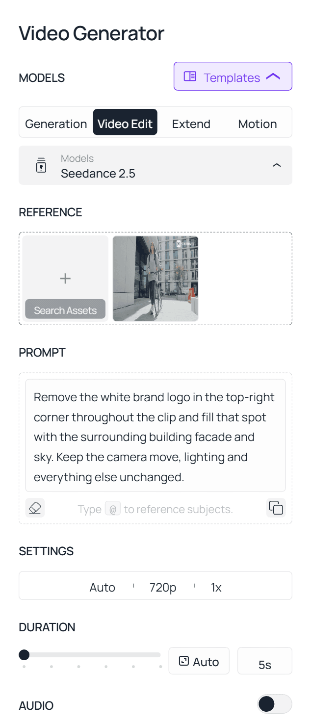 Atlas Cloud Video Edit tab with a clip loaded and a prompt to remove the old brand logo from the corner of the video