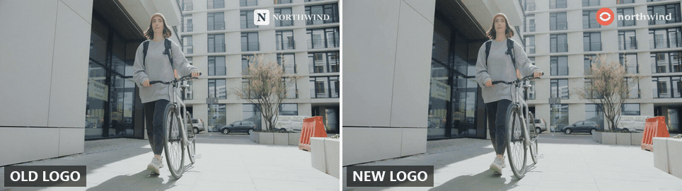 Before and after clip showing an old brand logo in the corner of a video replaced with a new logo from a reference image