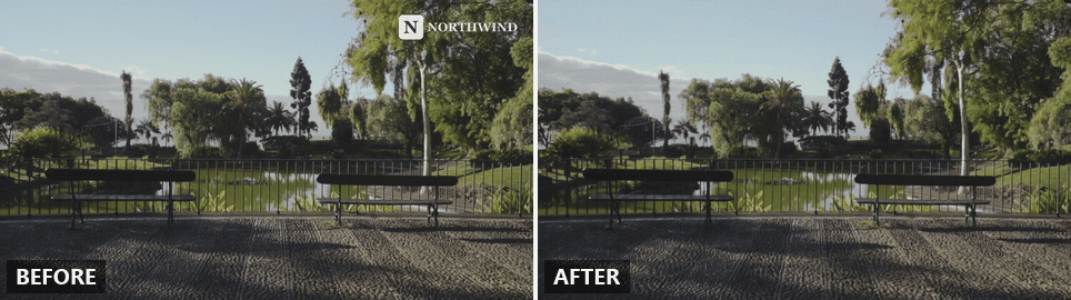 Side by side before and after clip of a corner logo removed from a moving park shot, the sky and tree behind it rebuilt as the camera moves