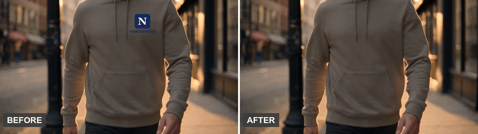 Before and after clip showing an old brand logo printed on a hoodie removed with AI, the fabric repainted to match the lighting and folds