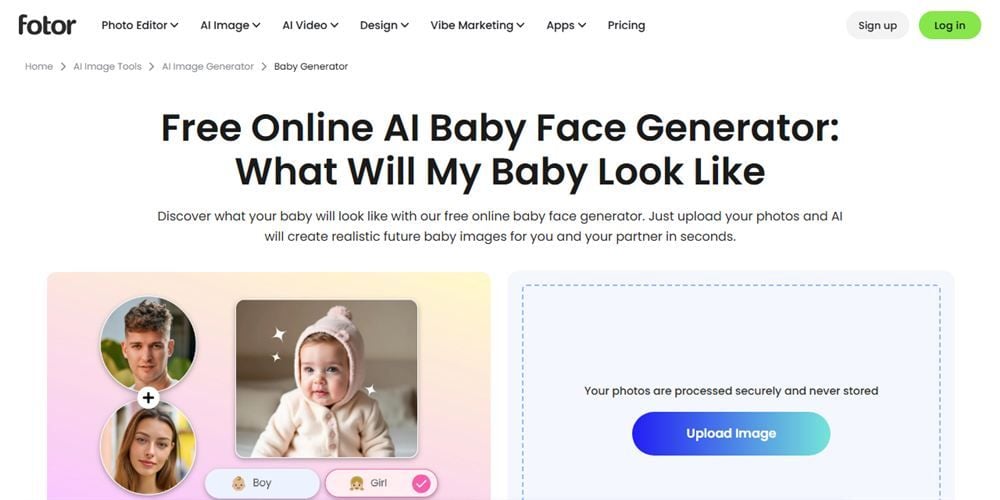 Fotor free online AI baby face generator page showing two parent photo slots, a boy or girl selector, and an upload panel stating photos are processed securely and never stored