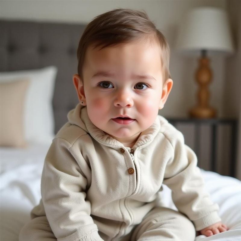 Baby generated by Fotor's AI baby face generator from the two fictional parent photos, an older infant in a beige outfit posed on a bed in a styled bedroom scene
