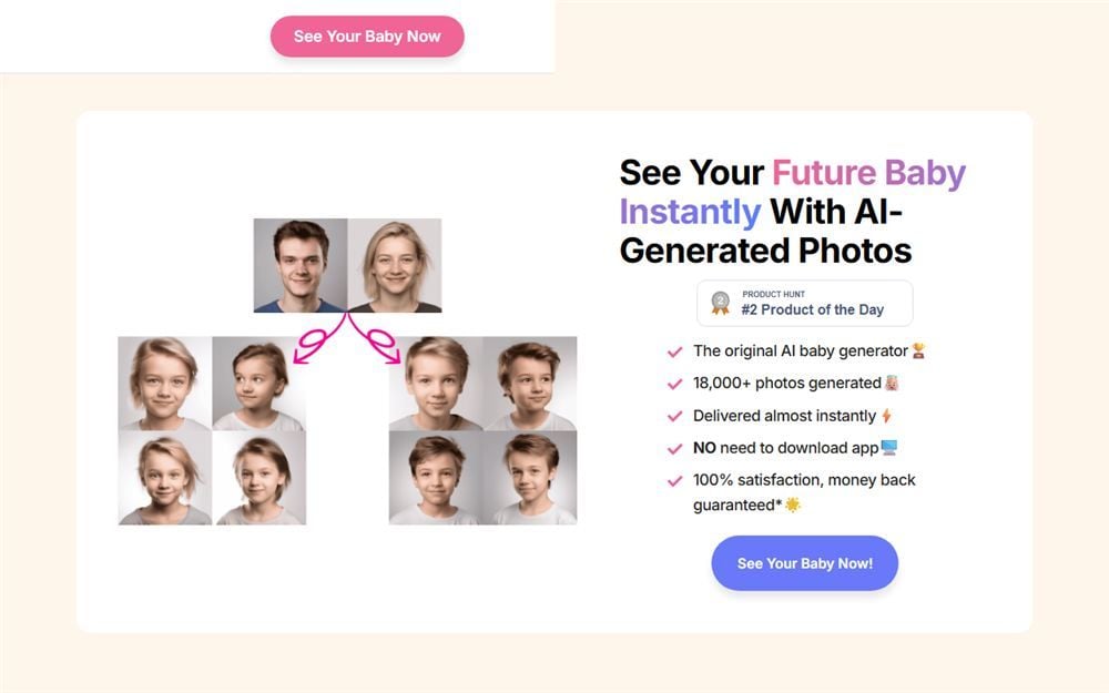 OurBabyAI homepage showing sample predicted child portraits generated from a couple's photos and claims of instant delivery with no app download