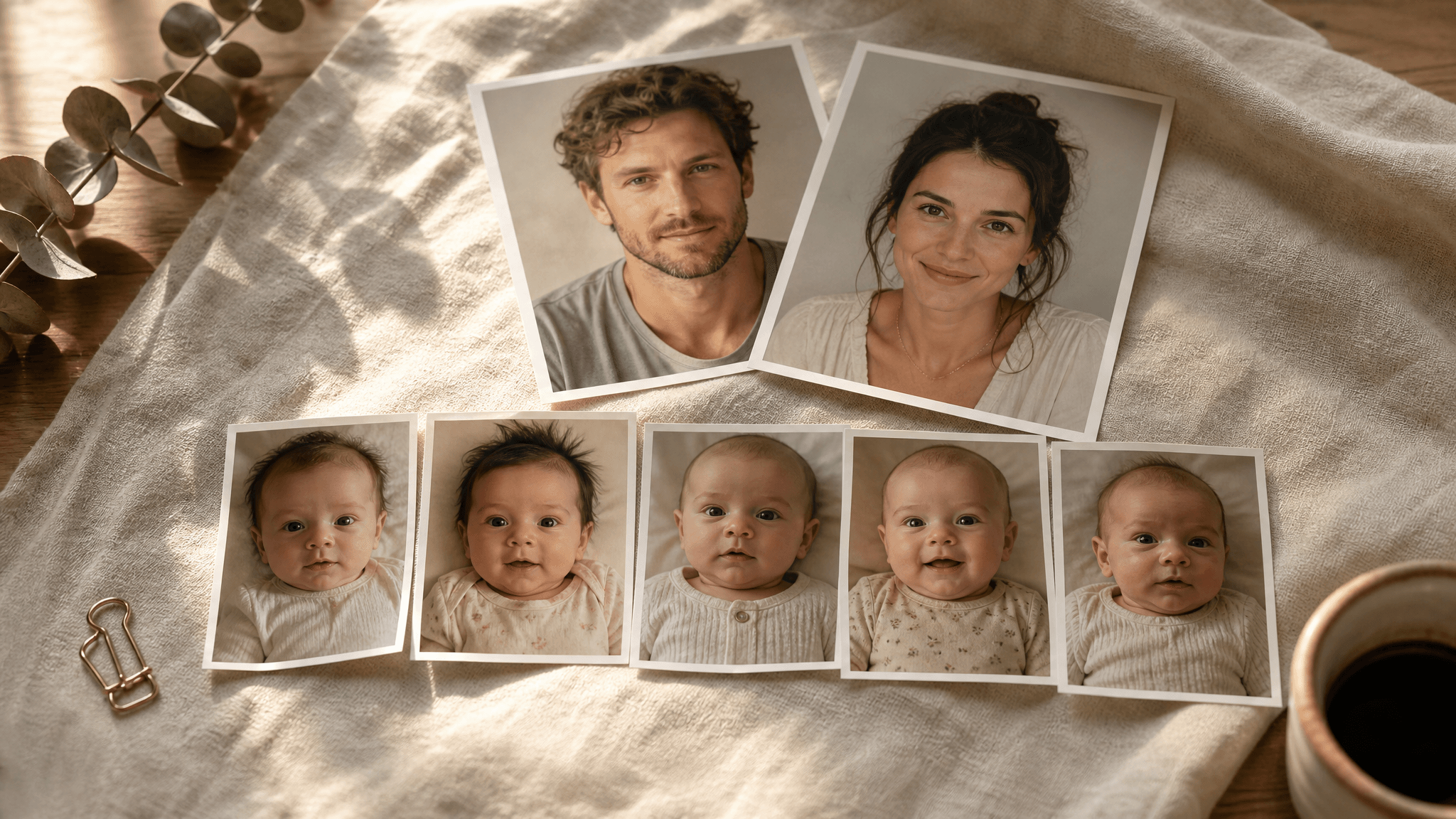 two printed portrait photos of a man and a woman lying on a soft cream blanket, a single smaller baby photo placed between and slightly overlapping them, warm morning light, shallow depth of field, gentle home atmosphere, no text in the image, photorealistic