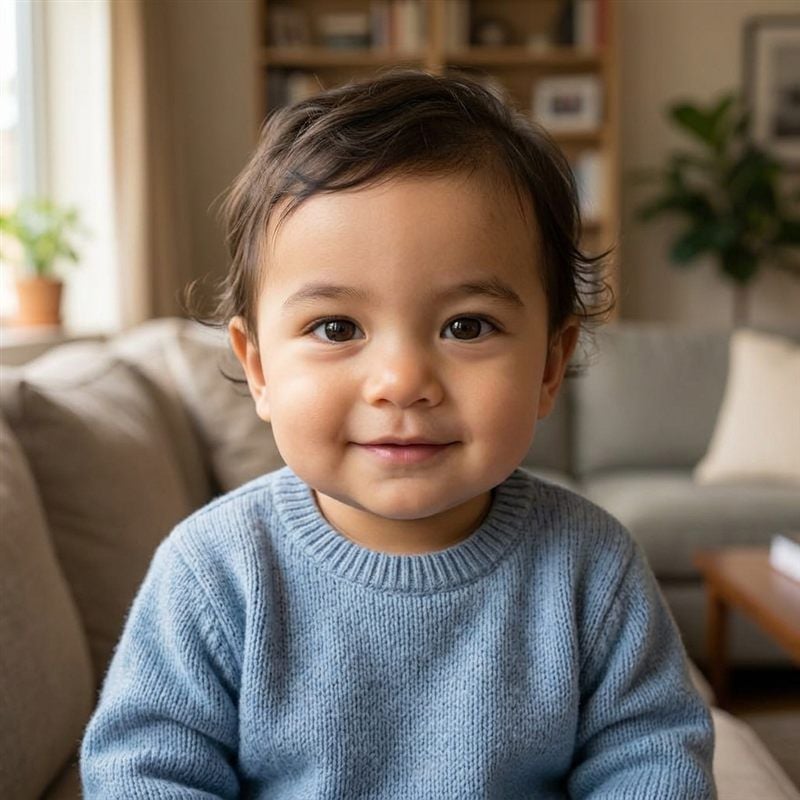 Baby face generated by Nano Banana 2 Edit on Atlas Cloud from the two fictional parent portraits, showing blended dark eyes and brown hair in a living room setting