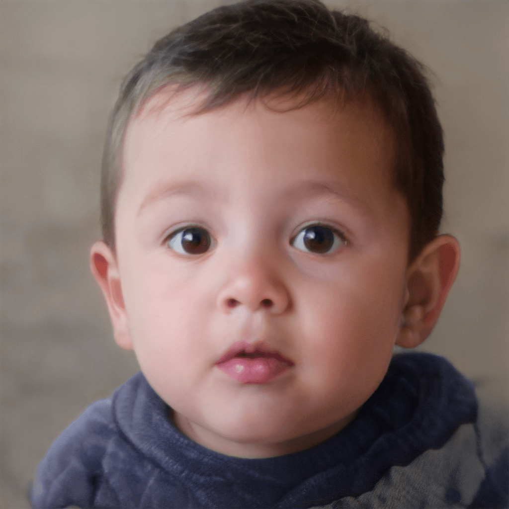Baby face generated by babyAC from the two fictional parent photos, a soft close-up render with brown eyes and dark hair against a blurred background