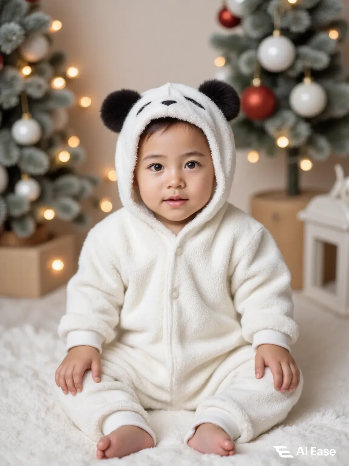 Baby generated by AI Ease's free AI baby generator from the two fictional parent photos, a toddler in a white panda onesie in front of Christmas trees, with an AI Ease watermark in the corner