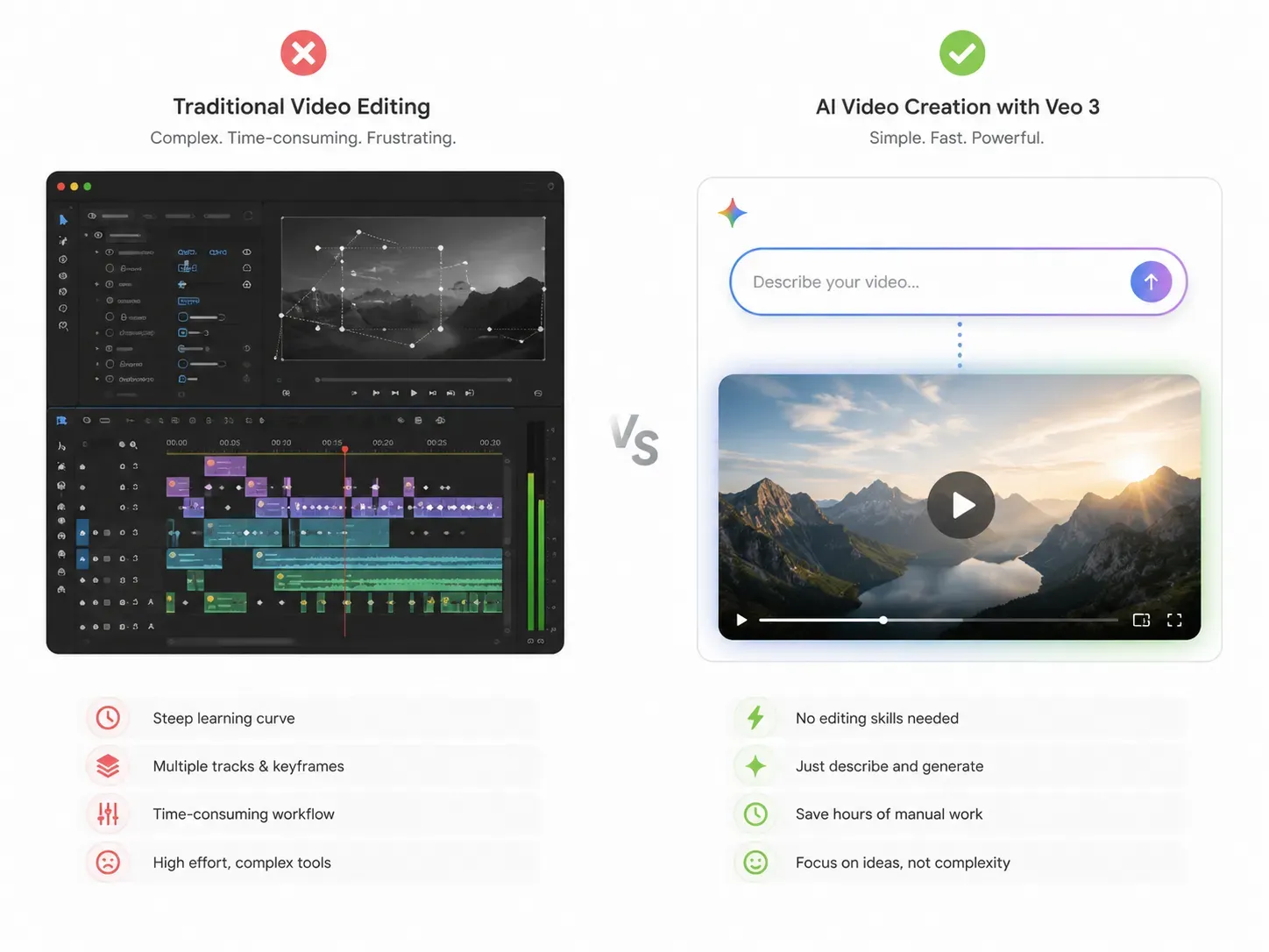 A comparative infographic showing the traditional multi-layer timeline video editing workflow versus the Google Gemini Omni conversational text-to-video editing stream