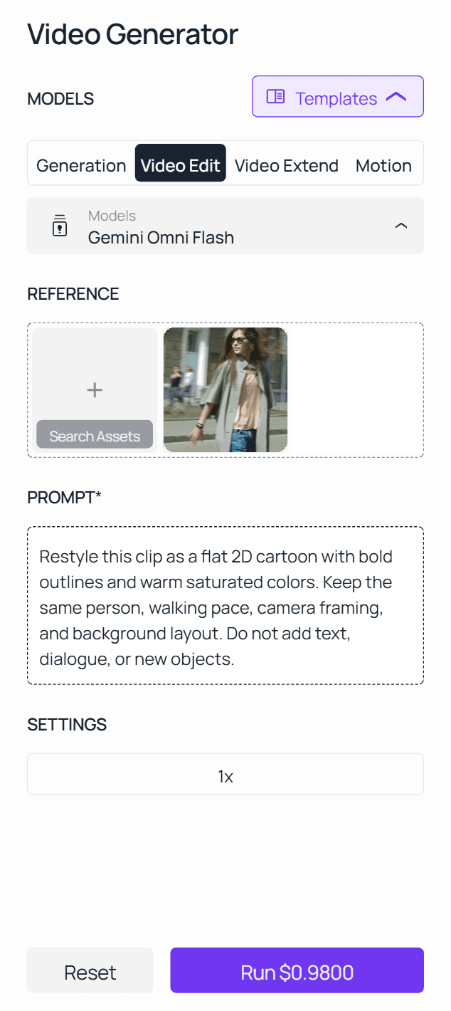 Atlas Cloud Generator interface showing a video upload and a cartoon-restyle prompt ready to run