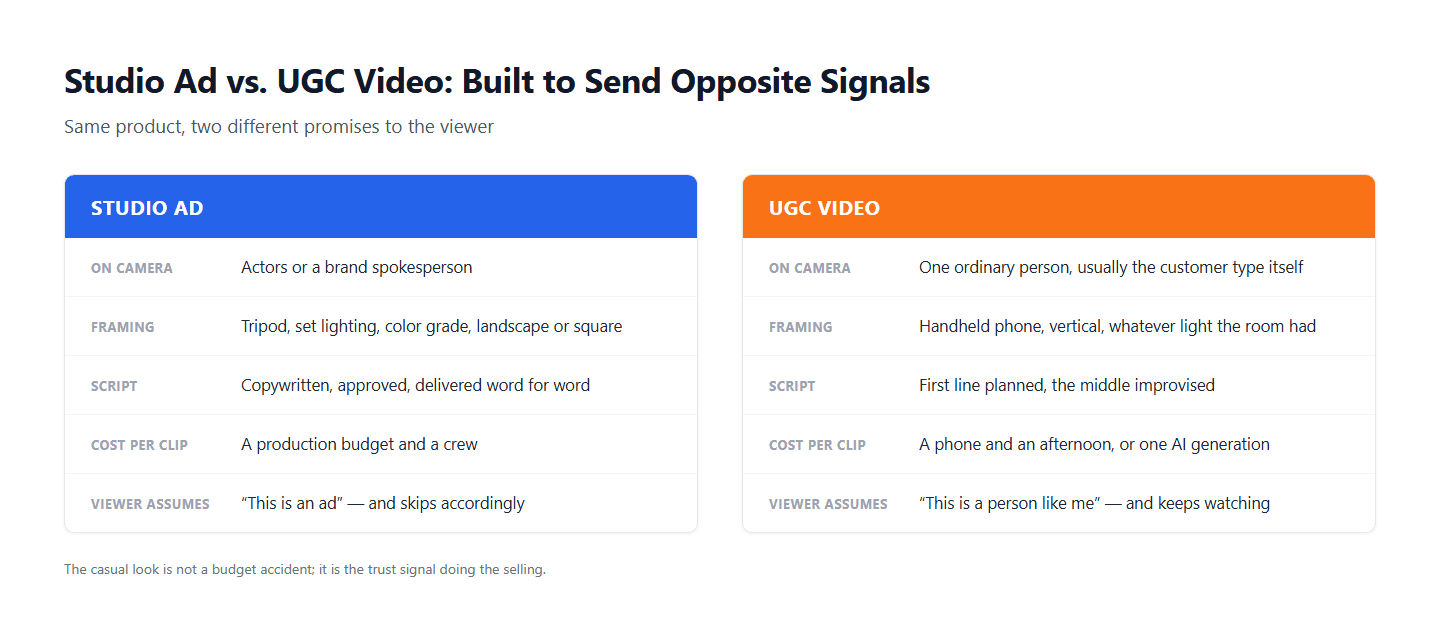Comparison infographic of studio ads versus UGC videos across presenter, framing, script, cost, and viewer assumption.