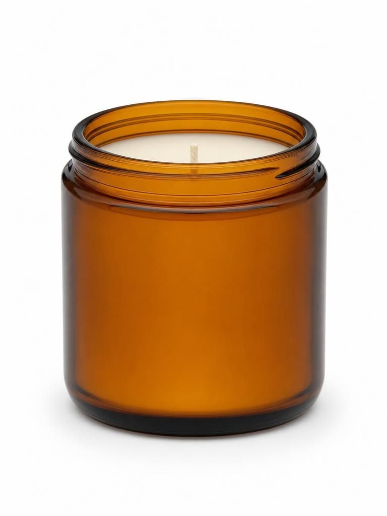 The AI-generated product photo of an amber glass candle used as the anchor input for the UGC video above.