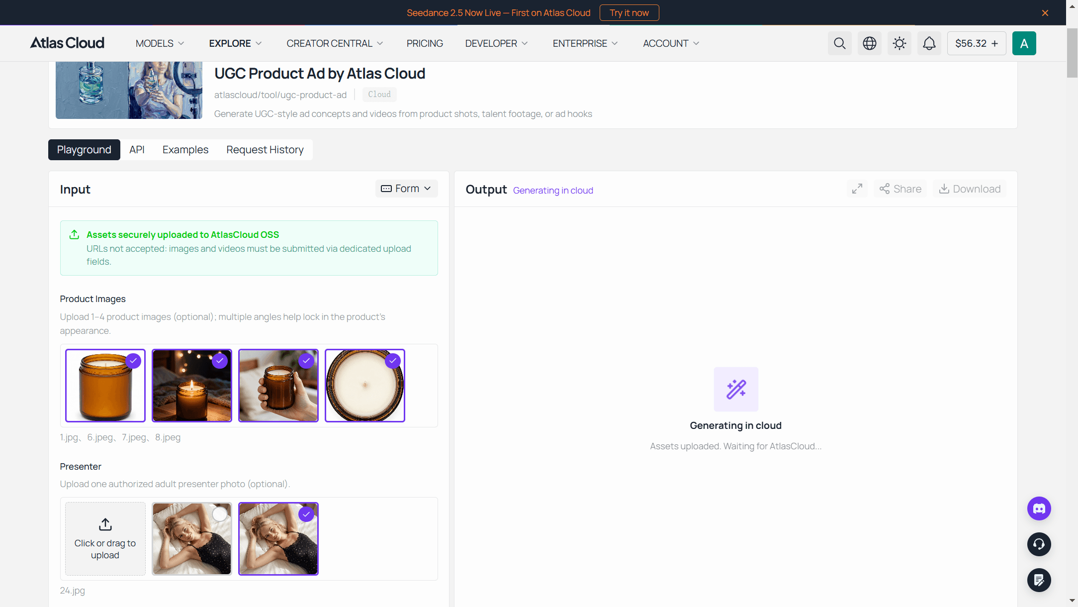 The UGC Product Ad tool interface with a product photo uploaded, the testimonial format selected, and a brief filled in.