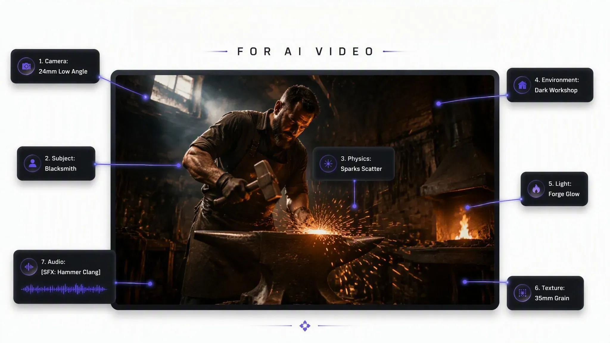 Diagram of the 7-layer AI video prompt formula showing camera, subject, physics, environment, lighting, texture, and audio UI tags mapped onto a blacksmith scene