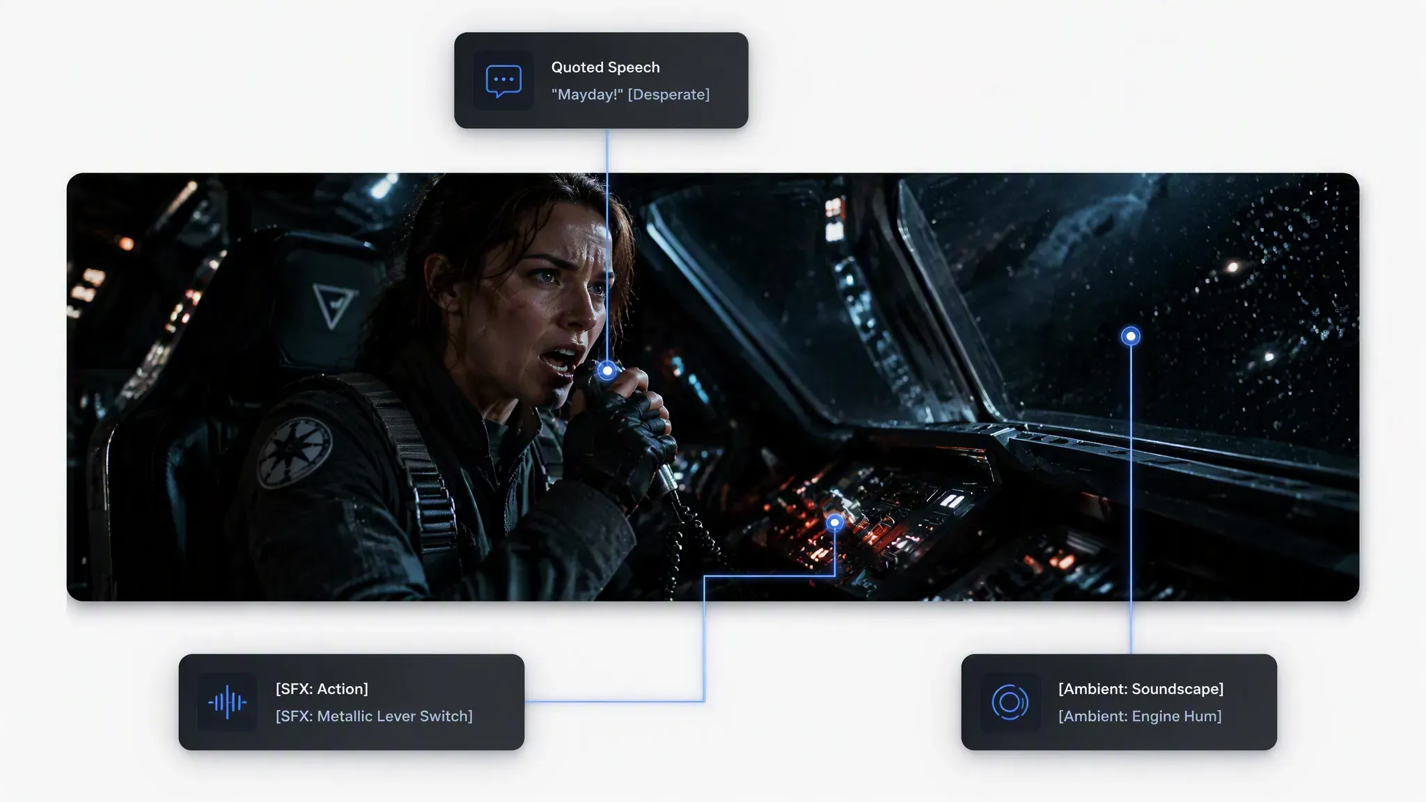 Diagram of Veo 3.1 bracketed audio prompting syntax showing dialogue, SFX, and ambient noise tags mapped onto a spaceship cockpit scene