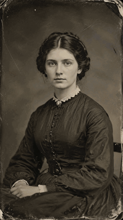 Antique Victorian tintype portrait: a faint double-exposure spirit materializing via an exposure flash in the background