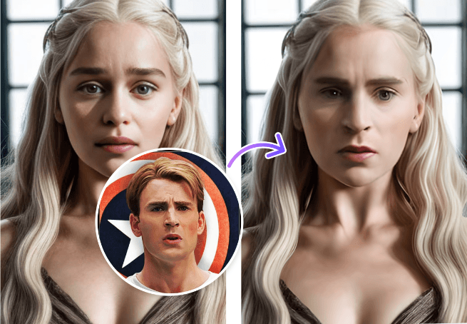 Before-and-after face swap demonstration: a long-haired platinum-blonde woman in a mauve gown photographed by a window, with a circular inset of a blond man in front of a red-white-and-blue shield, and a second panel showing the same woman's photo after the man's facial features have replaced hers