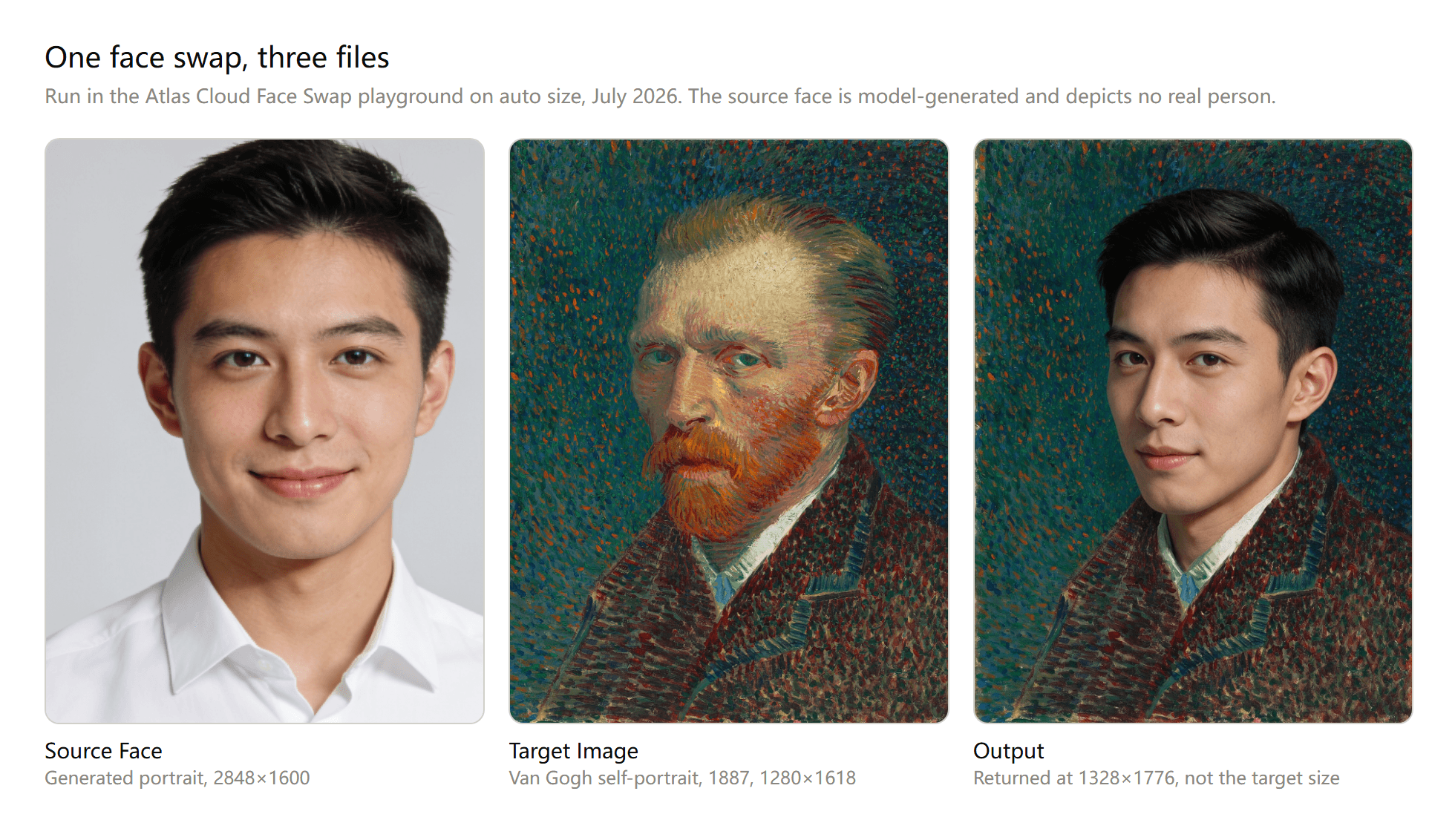 Left to right: model-generated headshot used as the source face, Van Gogh's 1887 self-portrait as the target, and the finished swap carrying the headshot's face and short black hair into the painting while the painted jacket, collar and dotted background stay as they were.