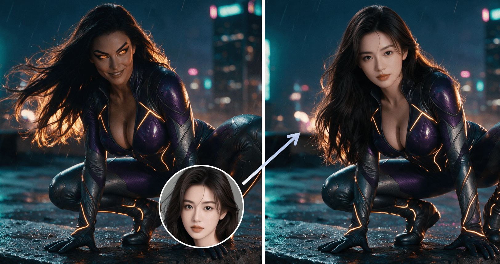 Three-panel figure. Left, Target Image, a woman crouching on a rain-soaked neon rooftop with glowing yellow eyes and a grin, 2048×1152. Centre, Source Face, a front-facing studio portrait of a woman with long dark hair against a grey backdrop, 599×960. Right, Output, the identical rooftop scene, pose, suit, rain and city lights unchanged, now carrying the portrait's calmer face and natural eyes. Run in the Atlas Cloud Face Swap playground on auto size, July 30, 2026.