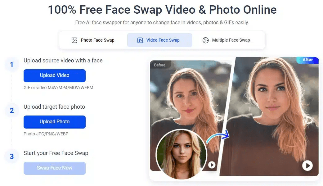 Vidwud face swap page headed "100% Free Face Swap Video & Photo Online" with Photo, Video and Multiple Face Swap tabs, the Video tab active, numbered steps for "Upload source video with a face" accepting GIF or M4V/MP4/MOV/WEBM and "Upload target face photo" accepting JPG/PNG/WEBP, a greyed-out Swap Face Now button, and a before-and-after demo panel on the right. Screenshot of vidwud.com/free-face-swap.html on the Video Face Swap tab, July 30, 2026.