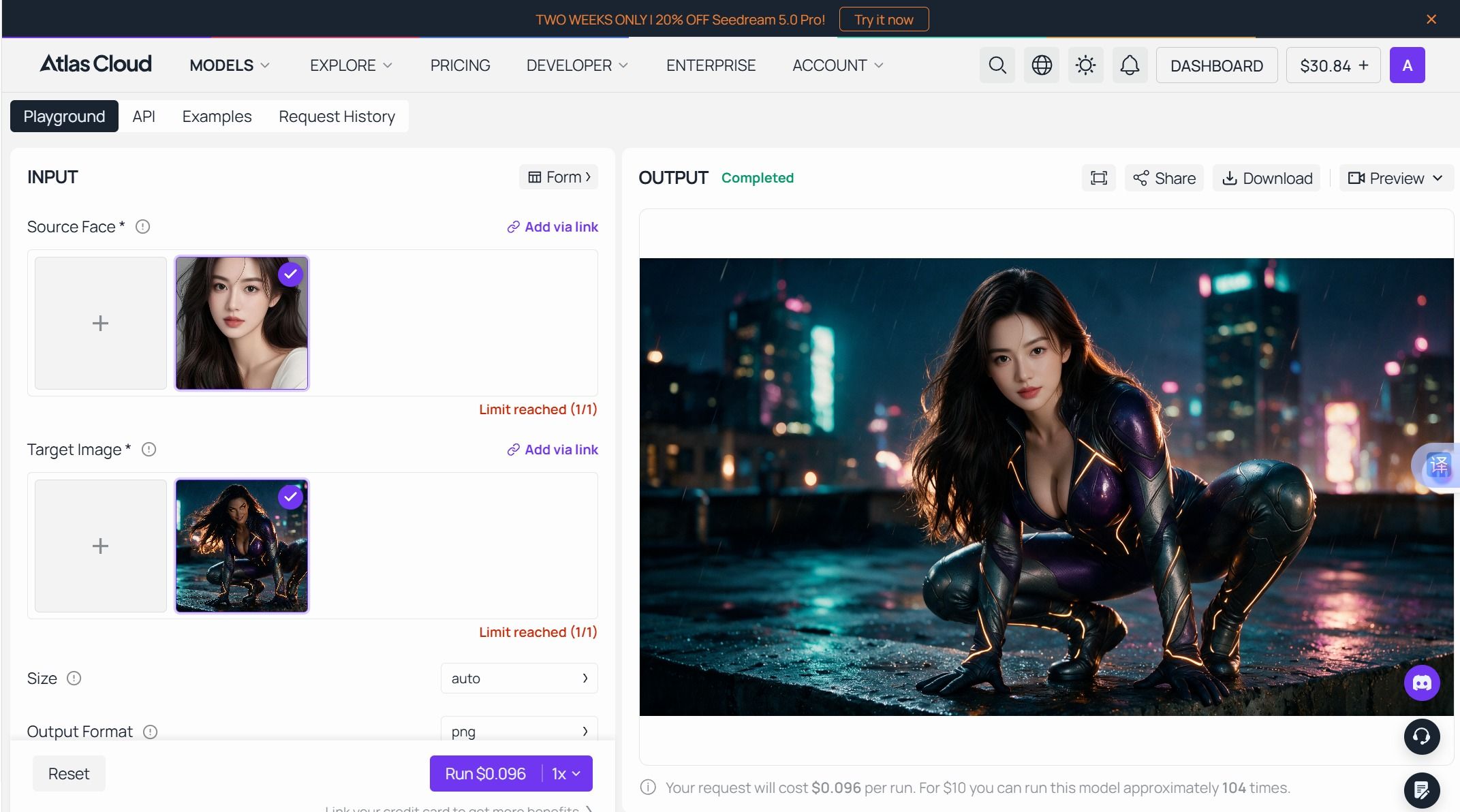 Atlas Cloud Face Swap playground. A Source Face slot holds a front-facing portrait and a Target Image slot holds a crouching figure on a rainy neon rooftop, both marked "Limit reached (1/1)". Size is set to auto, Output Format to png, and the run button reads Run $0.096. Under the completed output panel, a line reads "Your request will cost $0.096 per run. For $10 you can run this model approximately 104 times." Screenshot of a Face Swap run on atlascloud.ai, July 30, 2026.