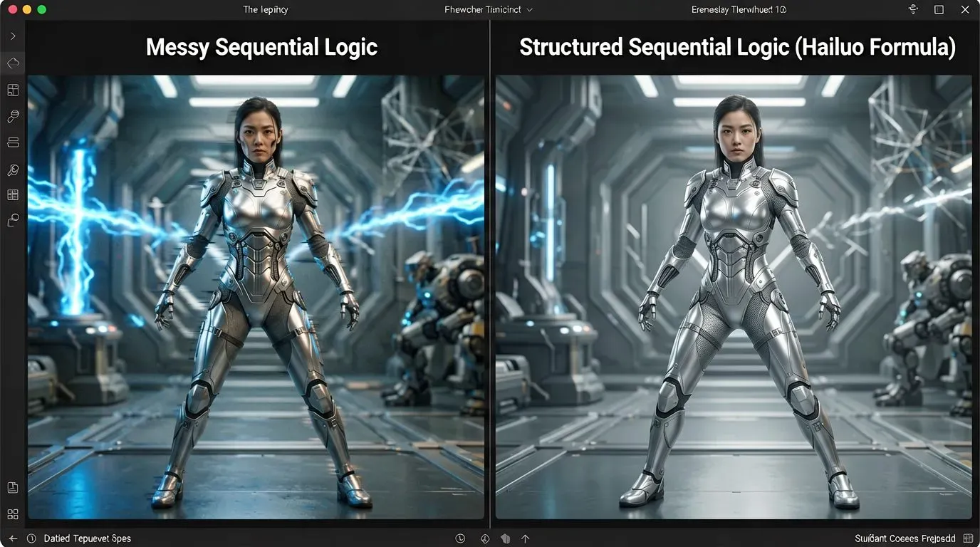 Left: Random input resulting in energy leakage and geometric tearing. Right: Output optimized with the Prompt Formula, showing solid spatial geometry and consistent lighting