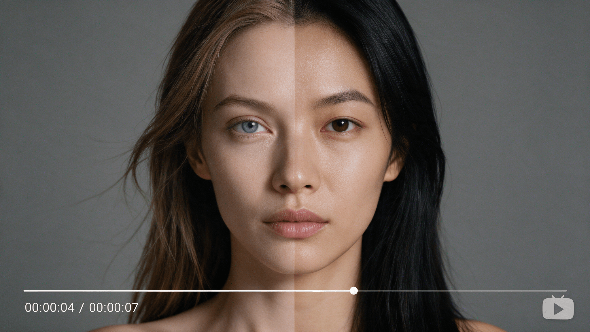 Video frame showing a woman's face morphing from European features on left to Asian features on right with video player UI overlay