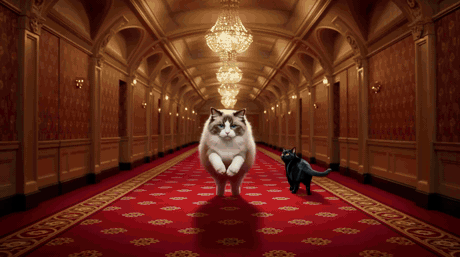 Fluffy cat and black cat running down a grand hotel hallway