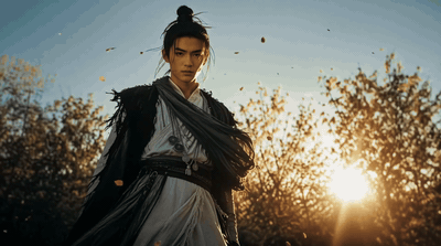 Young man in traditional Chinese robes standing outdoors at sunset