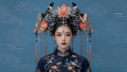 Woman wearing an elaborate traditional Chinese headdress and blue embroidered dress