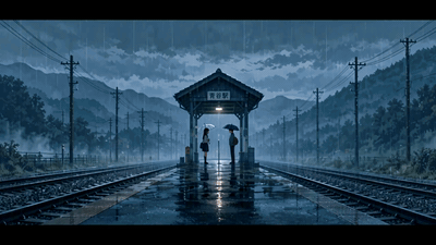 Two people with umbrellas stand on a rainy train station platform