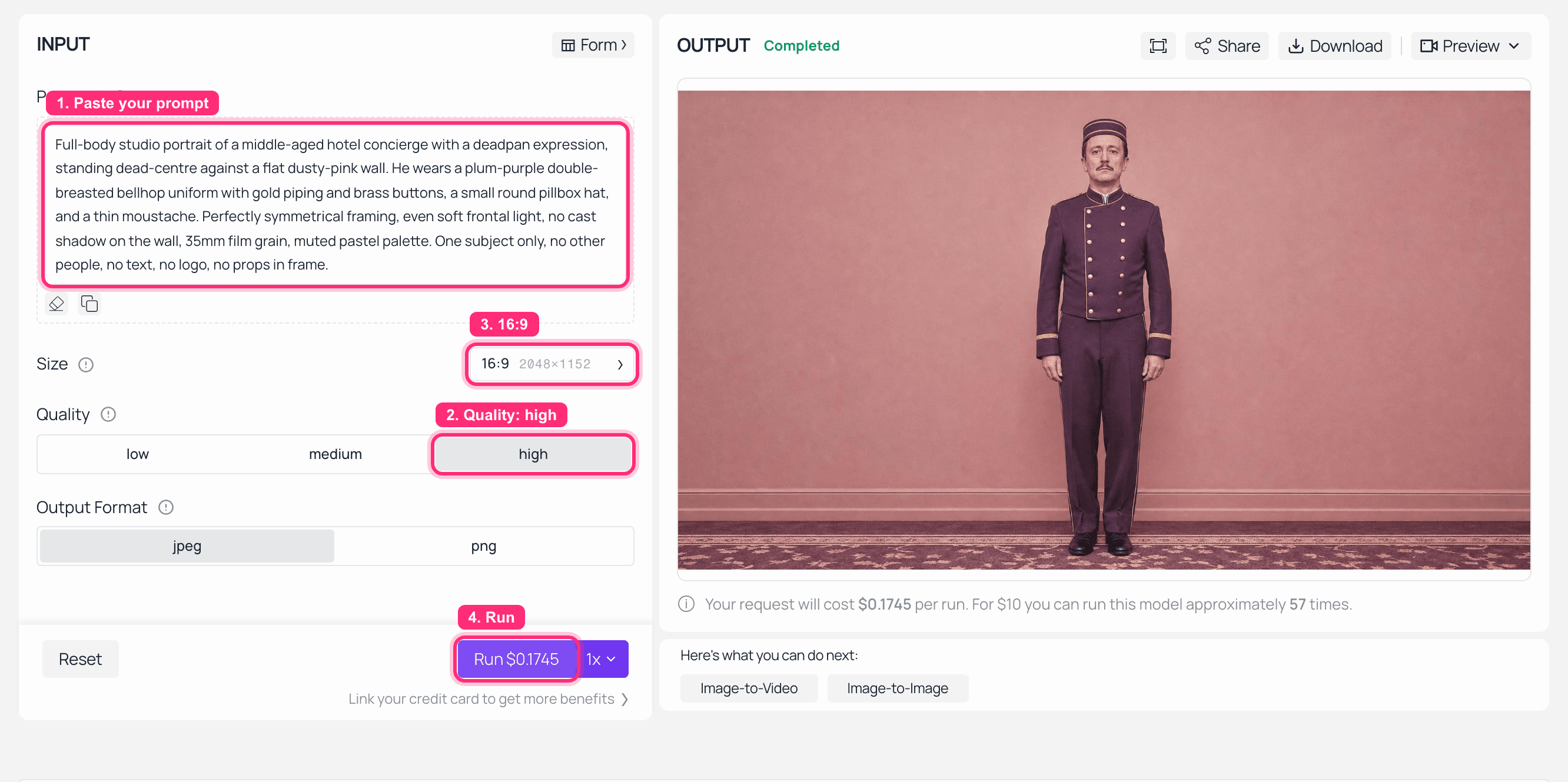AI image generator interface showing numbered steps and a generated bellhop