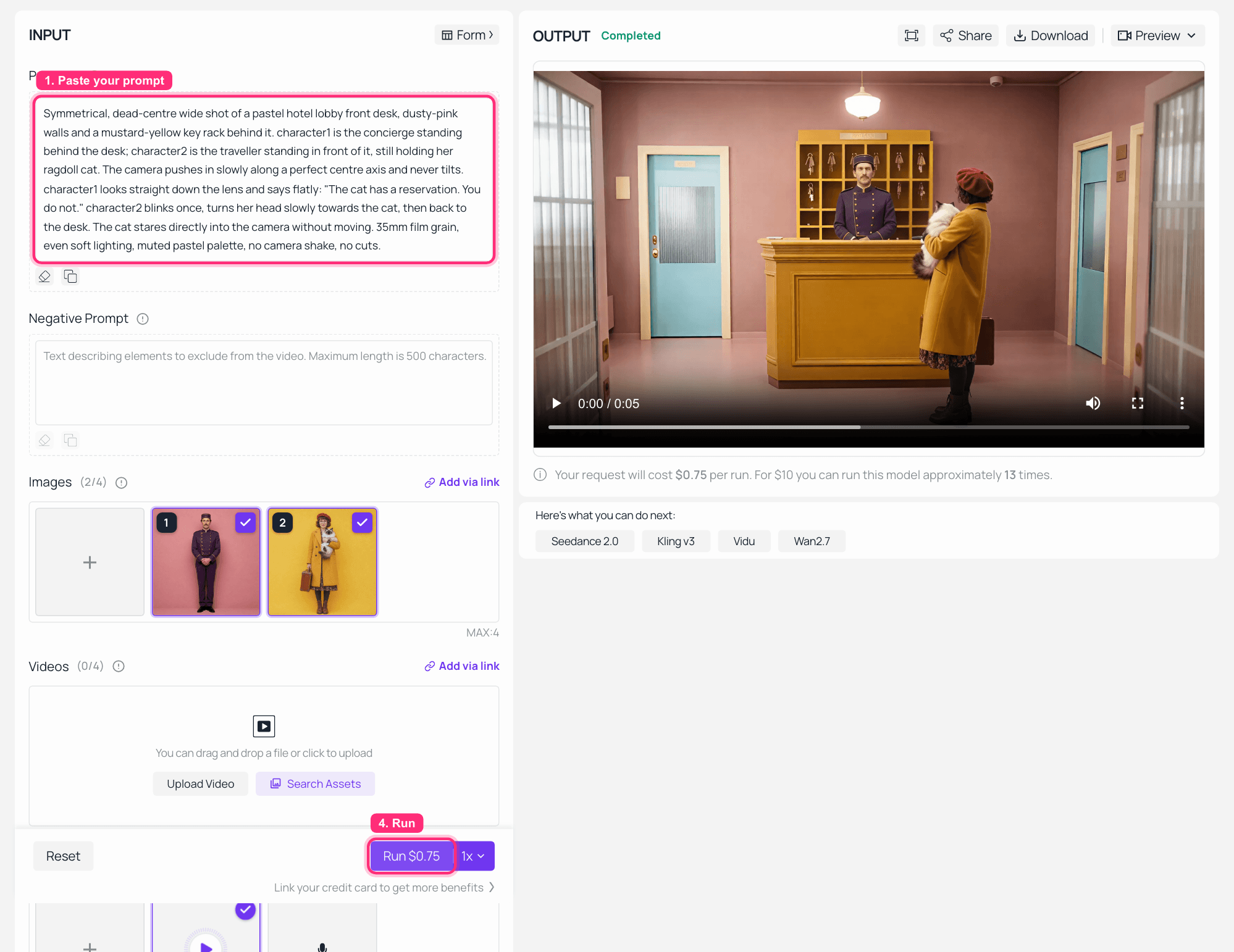 Screenshot of an AI video generator interface with input and output