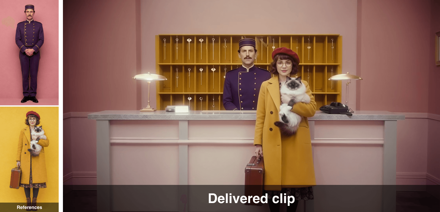 Woman holding a cat at a hotel reception desk with bellhop