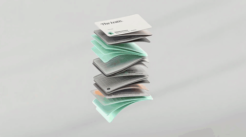 Animated floating stack of white and mint green cards