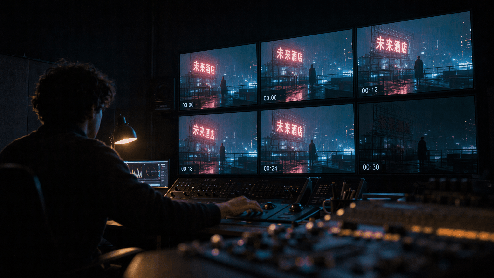 A video editor working at a control panel facing multiple monitors
