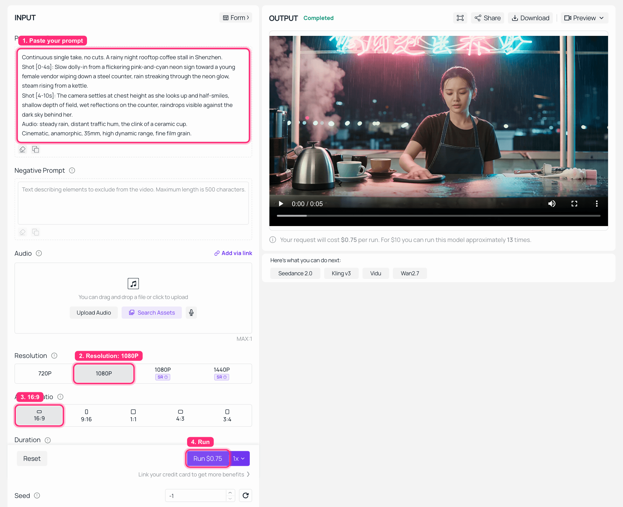 AI video generation interface showing input settings and completed video output