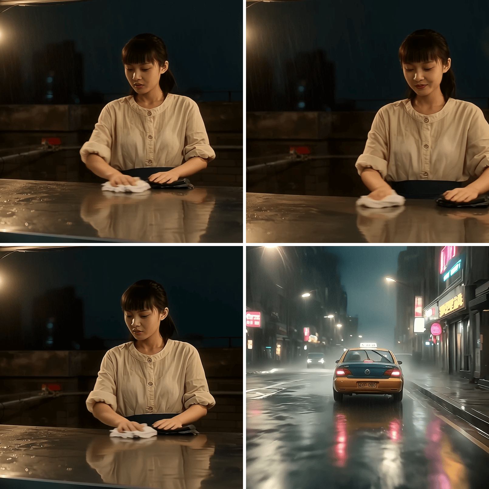 Woman wiping a counter and a taxi on a rainy city street
