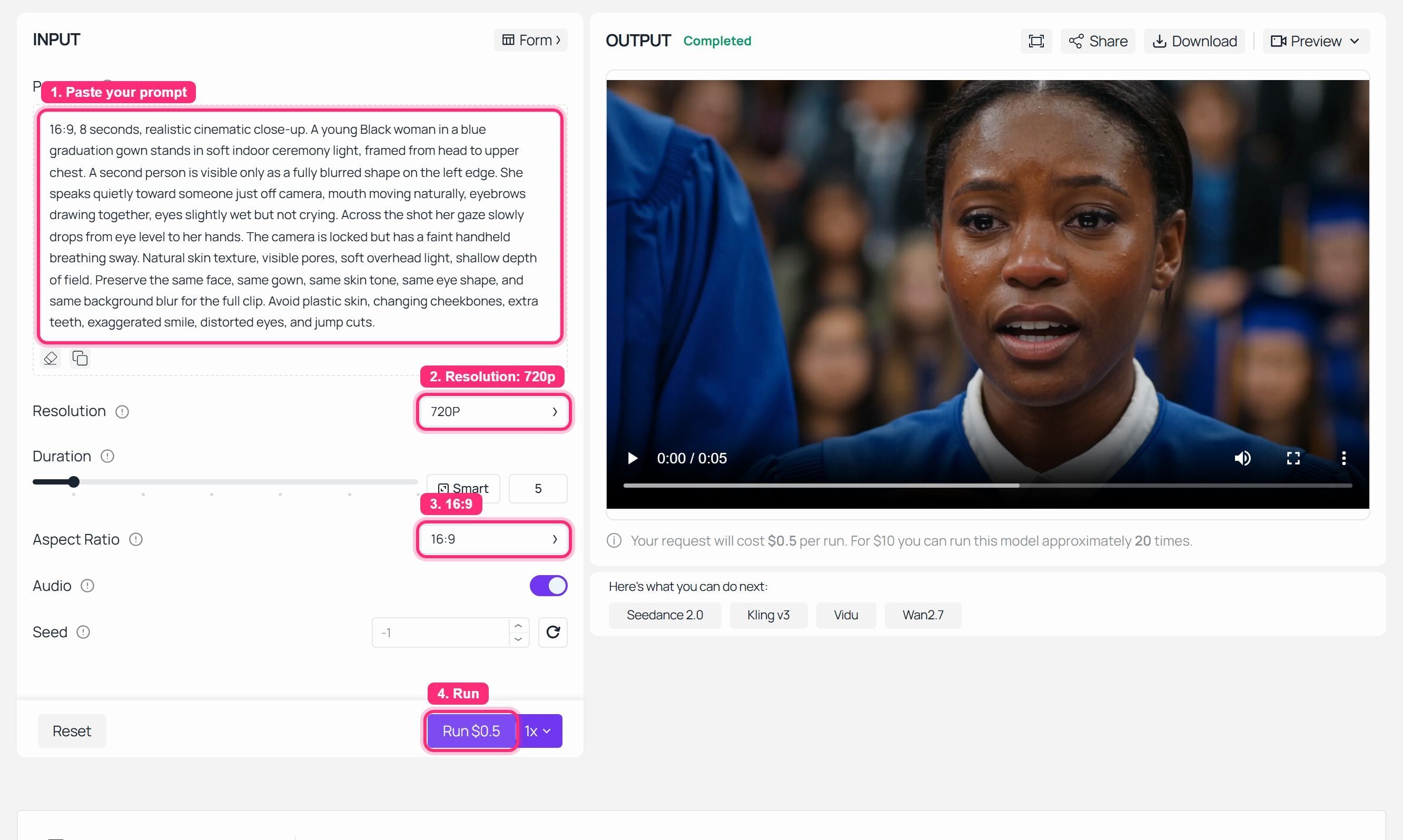 Interfaccia del generatore video AI con impostazioni di input e output video generato