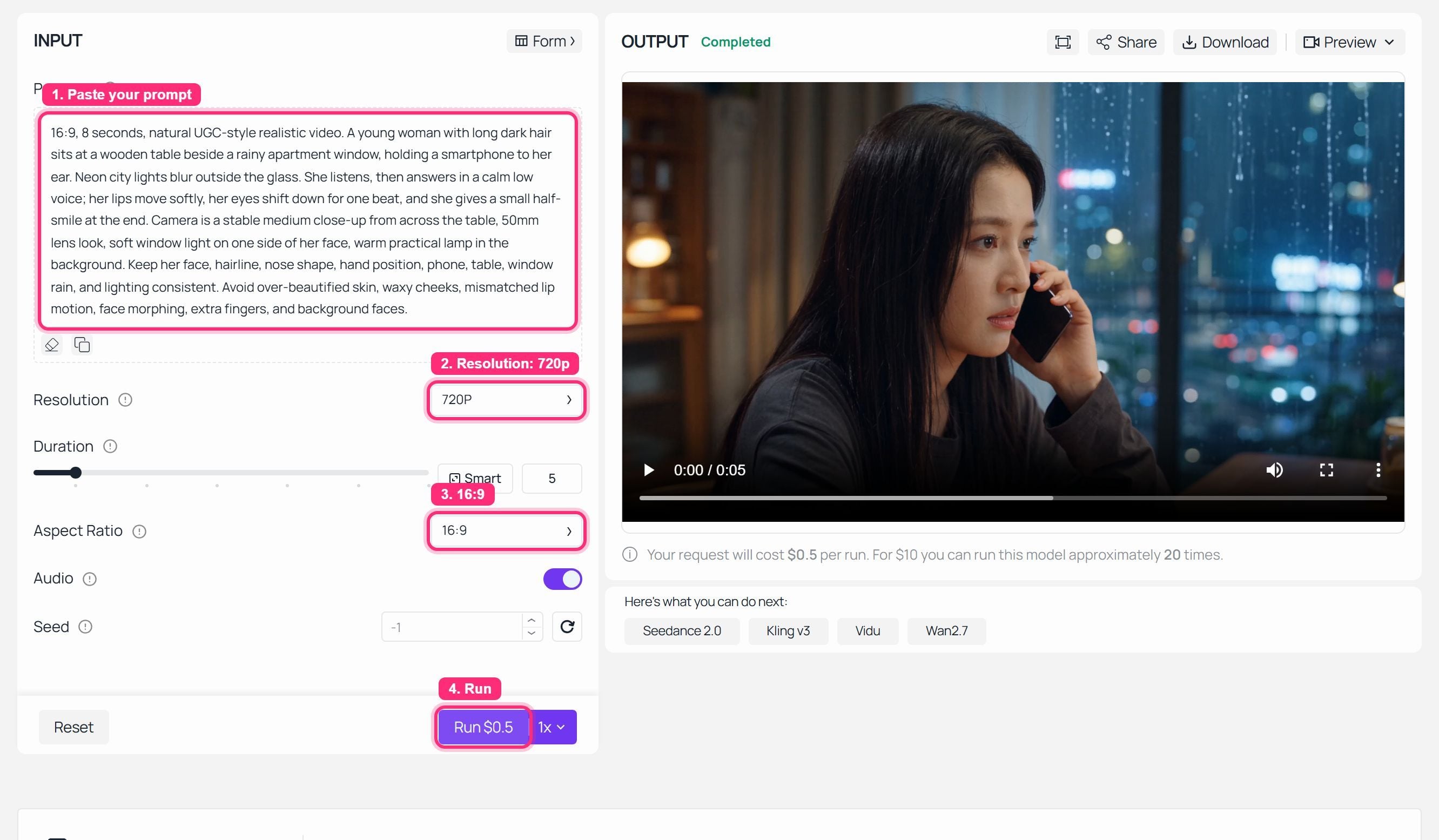 Interfaccia del generatore video AI che mostra le impostazioni di input e un video generato