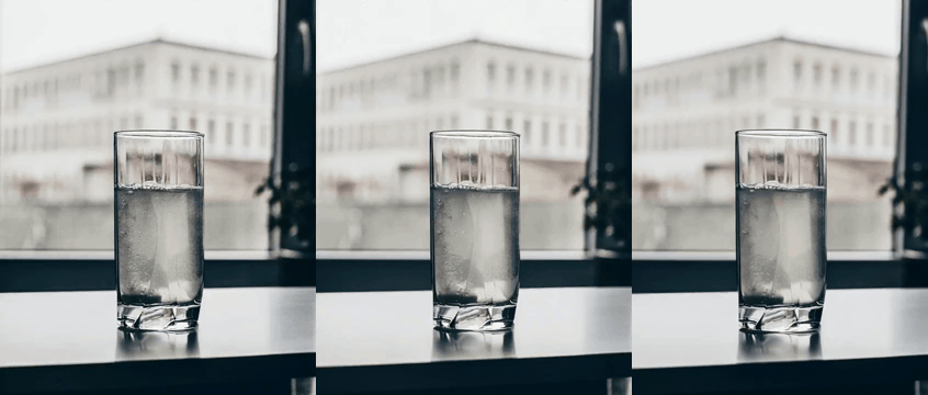 Three identical panels of a glass of fizzy water