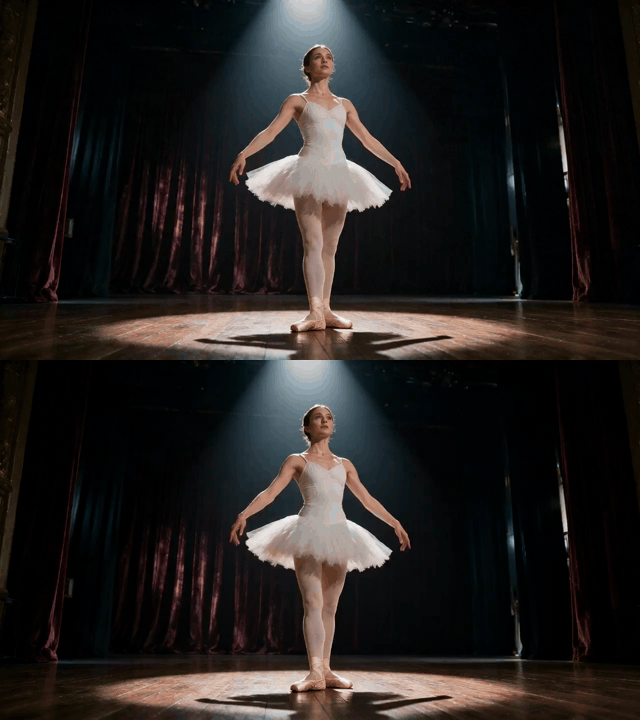 A ballerina in a white tutu standing under a stage spotlight