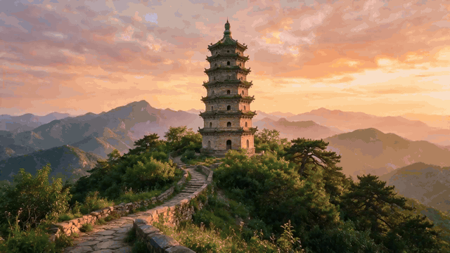 A multi-tiered stone pagoda on a mountain ridge at sunset