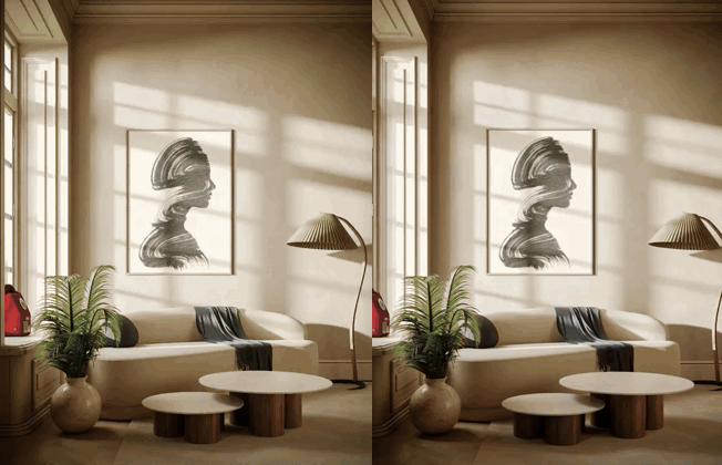 Minimalist beige living room with curved sofa and abstract portrait painting