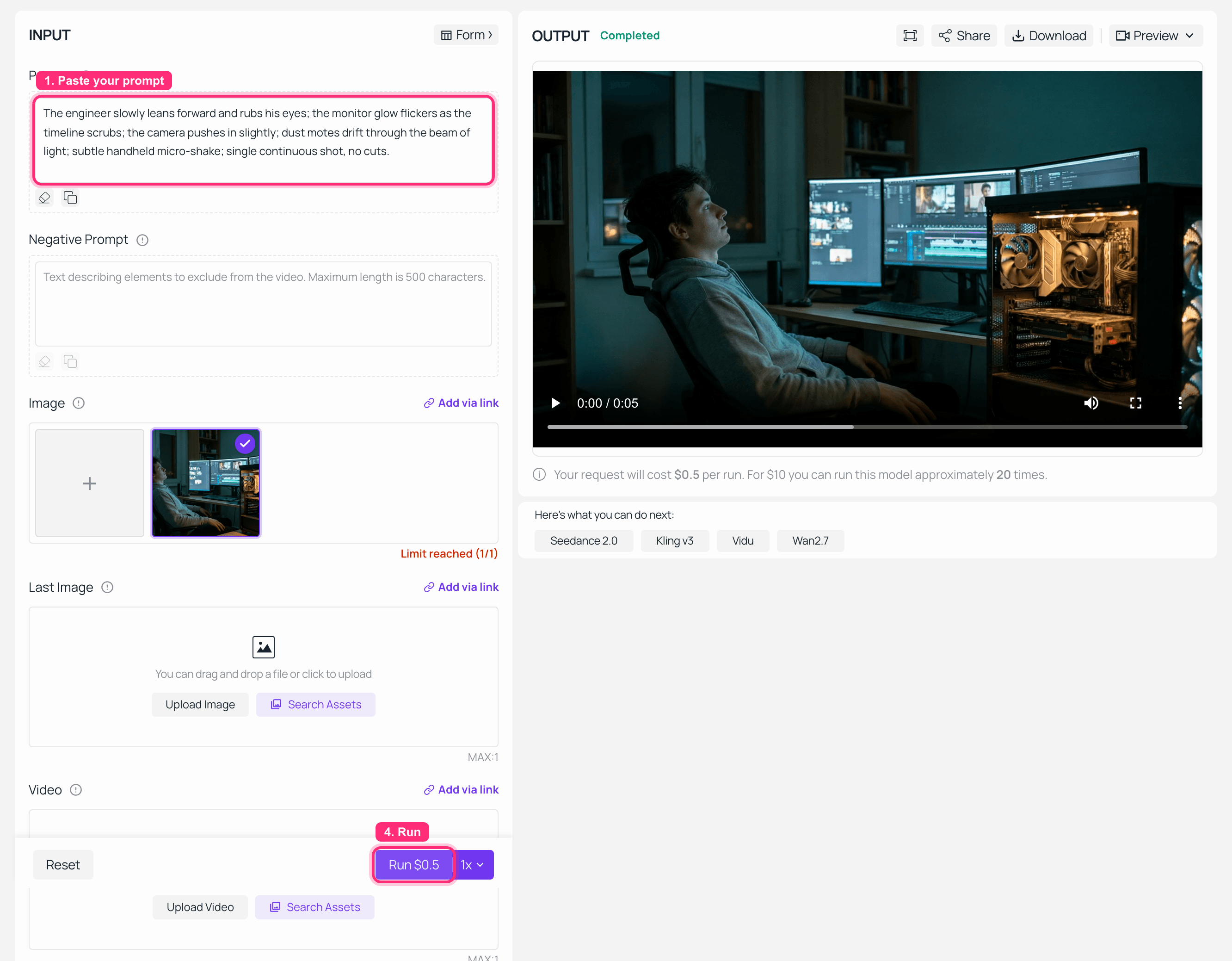 AI video generation interface showing text prompt input and video output