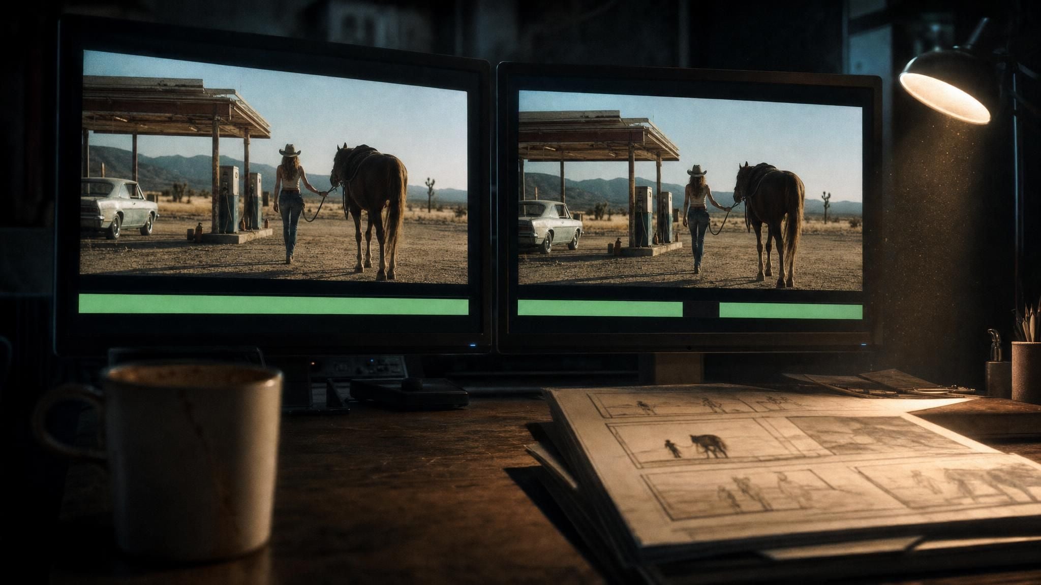 Two monitors showing a western scene next to storyboards