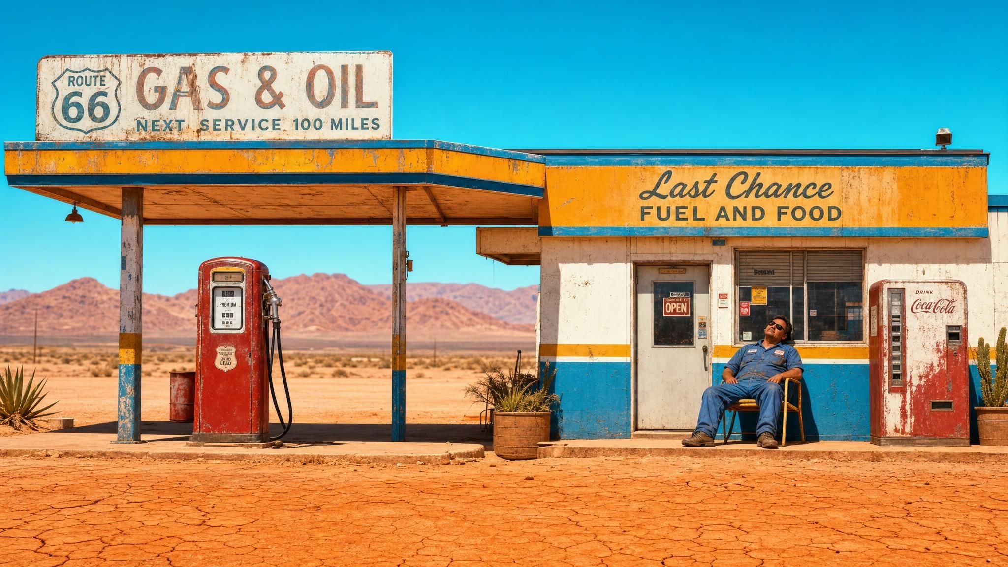 Man resting outside a vintage Route 66 desert gas station